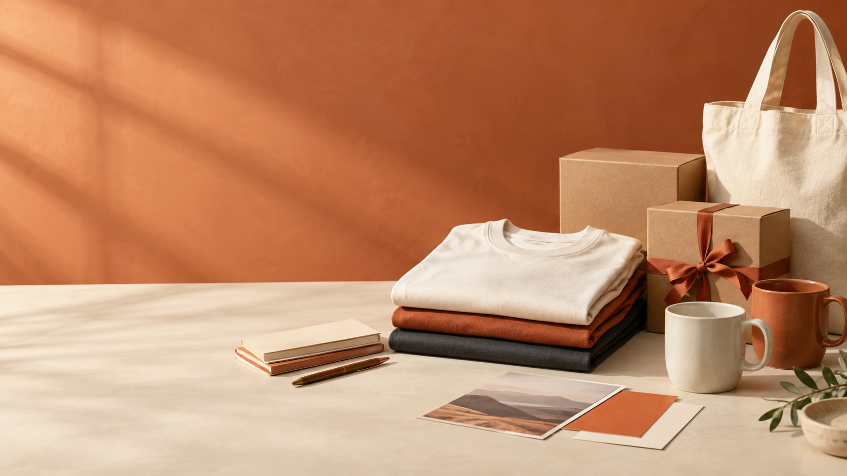 Corporate merchandise including a mug, stationery, apparel and gift packaging